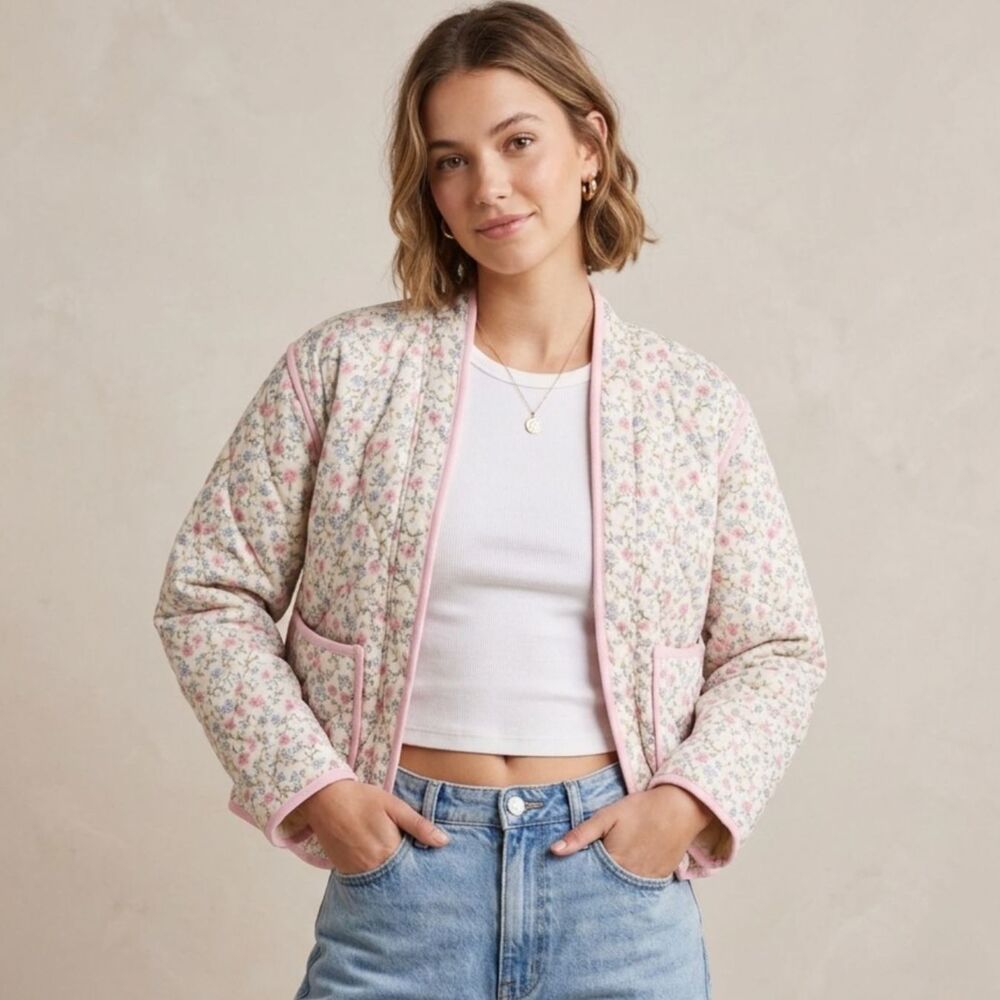 Meet Me There Floral Quilted Jacket Open Front Patch Pocket Cottagecore XXS XS